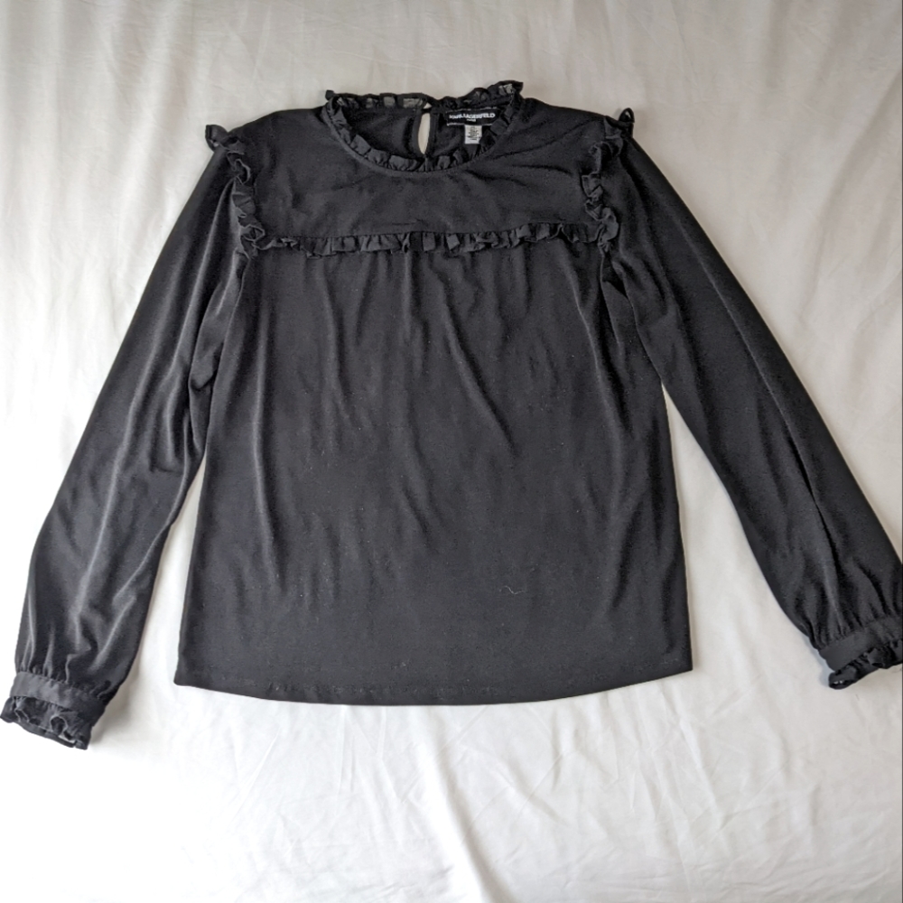 Karl Lagerfeld Black Long Sleeve Ruffle Chest Blouse Medium
